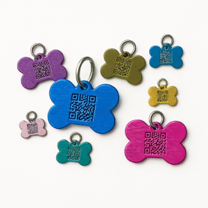placas para mascota de aluminio ionizado de colores metálicos con QR identificador