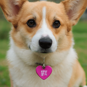 placa con QR identificador en forma de corazón para tu mascota. Mascota QRiosa. Corgi