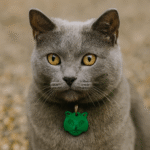 placa con QR identificador en forma de gato para tu mascota. Mascota QRiosa, gato gris