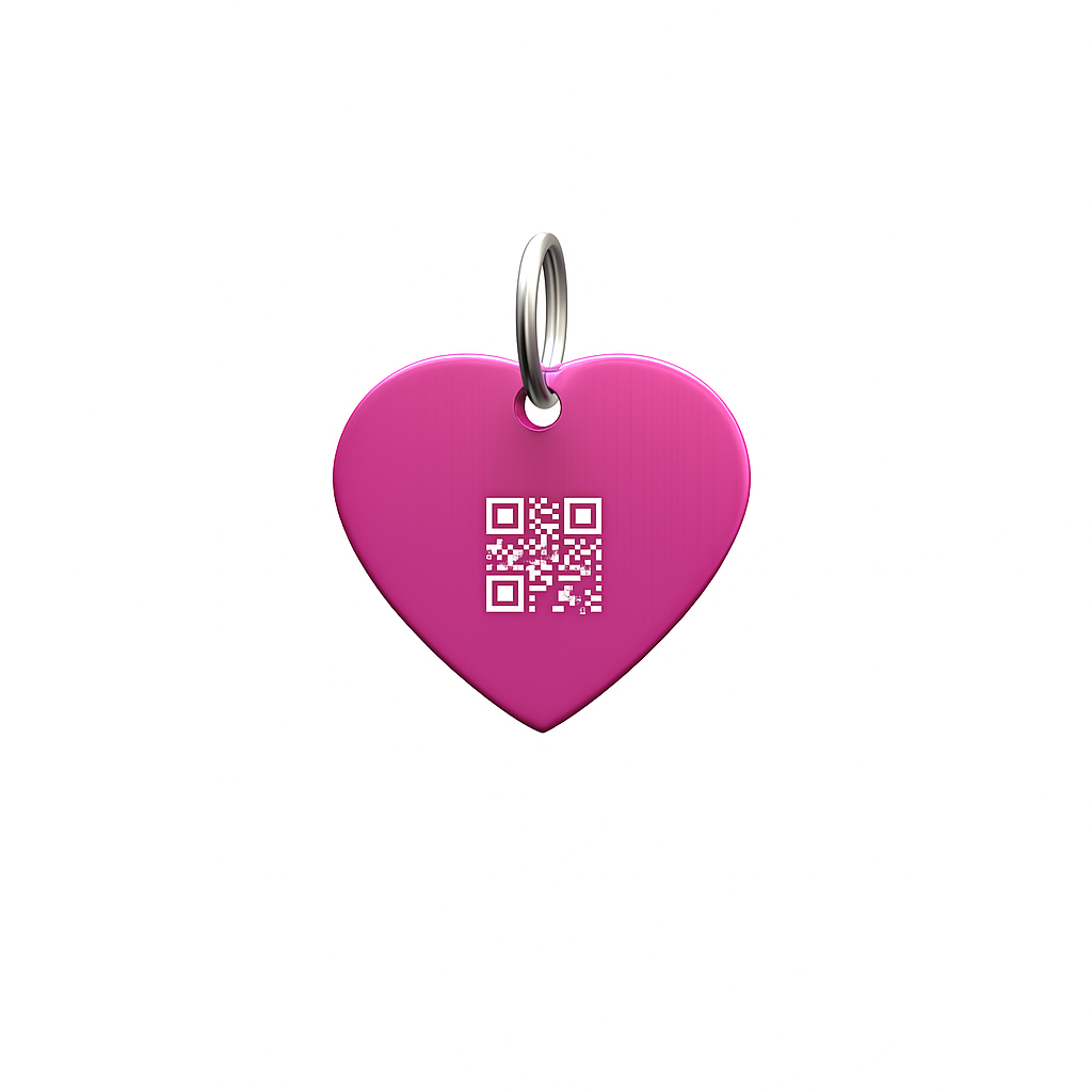 placa con QR identificador en forma de corazón para tu mascota. Mascota QRiosa